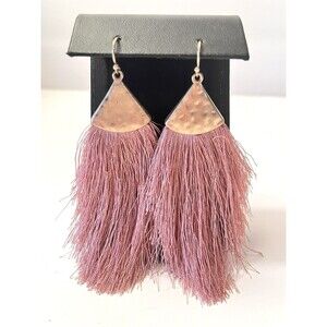 Blush Pink Silky Thread Fringe Statement Earrings Hammered Gold Tone Bohemian